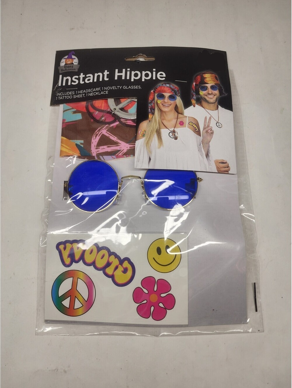 Instant Hippie HeadScarf,  Glasses, Temp Tat sheet Halloween costume Accessory